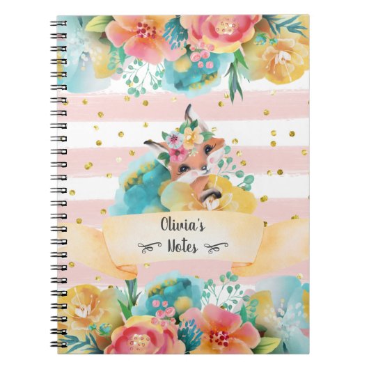 Renard adorable aquarelle fleurs délicates journal (Devant)