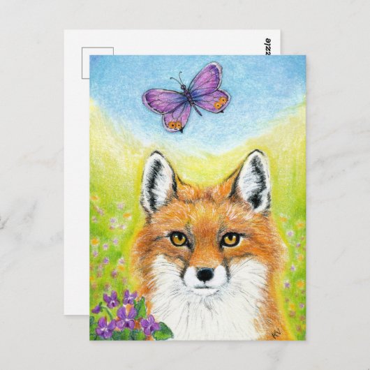 Renard avec carte postale Papillon (Devant / Derrière)