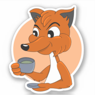 Renard de dessin animé buvant du thé - autocollant