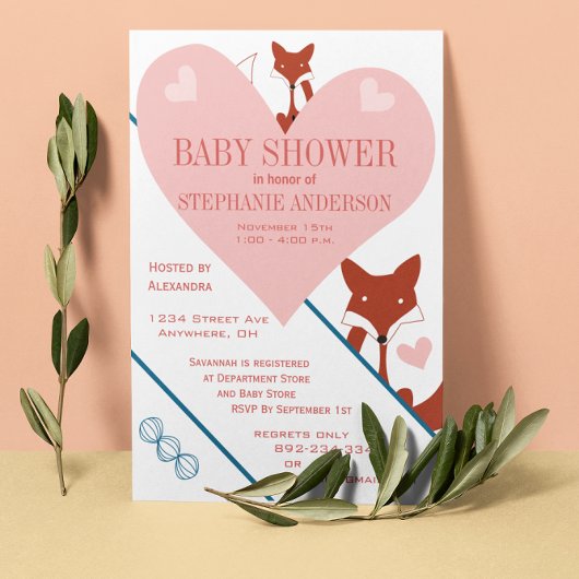 Renard et Coeurs Baby Girl Douche Invitations