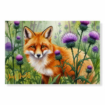 Renard parmi les fleurs de chardon violet Aquarell
