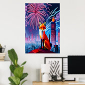 Renard rouge et feu d'artifice | AI Art Poster (Bureau à domicile)