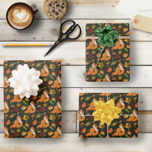 Renard roux Feuilles d'automne Glands Motif vert