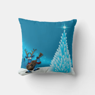 Rendeer Dansende Gitaar Prettig Kerstboom Blauw Kussen