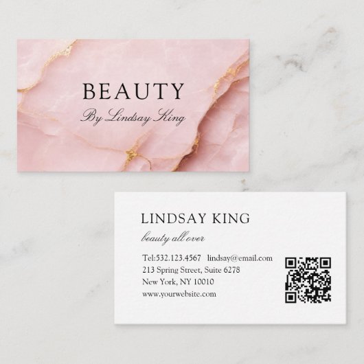 Rendez-vous Carte de visite QR Code en marbre rose blush éléga (Devant / Derrière)
