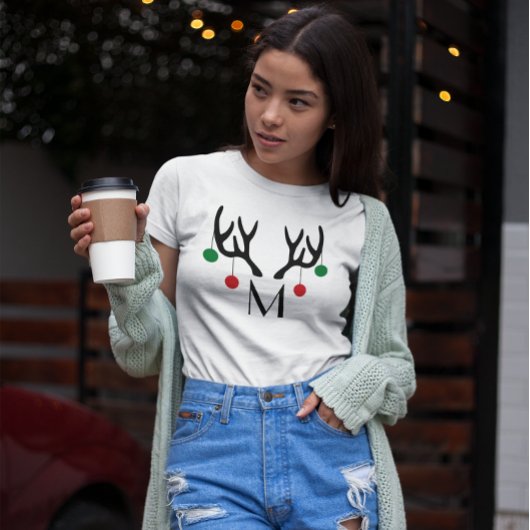 Rendier Antlers Modern Kerstmis Monogram T-shirt