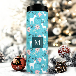 Rendier Bloemige Poinsettia Kerst Monogram Thermosbeker