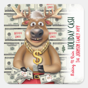 Rendier Cash Santa Bucks Kerstgeld Loterij Vierkante Sticker