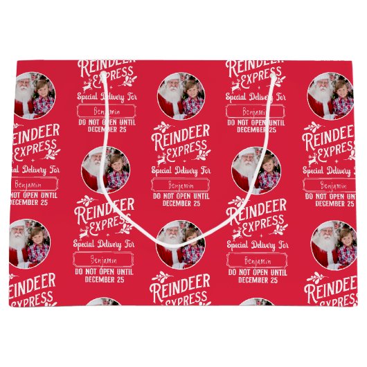 Rendier Express van Santa w / Foto Kerstmis Rood Groot Cadeauzakje (Voorkant)