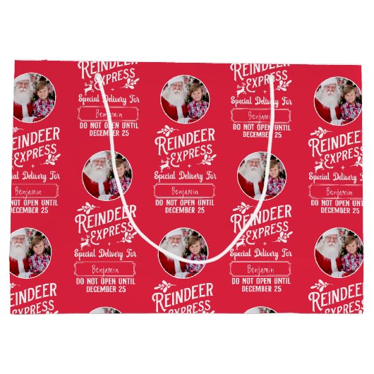 Rendier Express van Santa w / Foto Kerstmis Rood Groot Cadeauzakje (Achterkant)