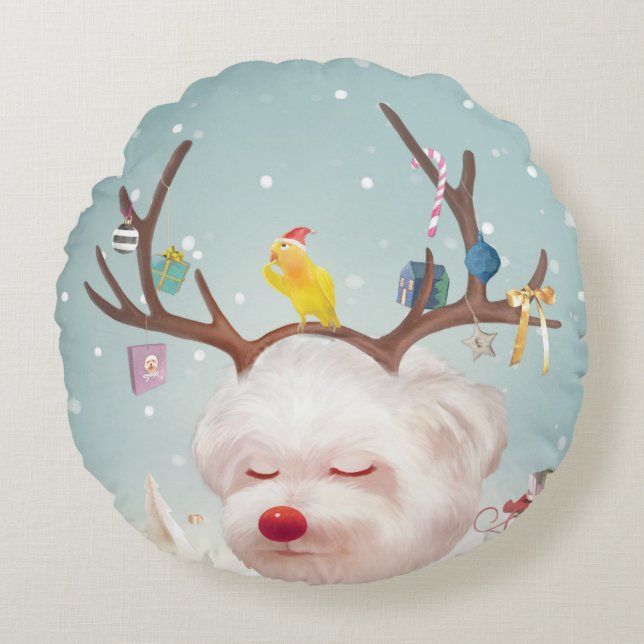 Rendier Hond met Kerstmis Ornamenten Rond Kussen (Voorkant)