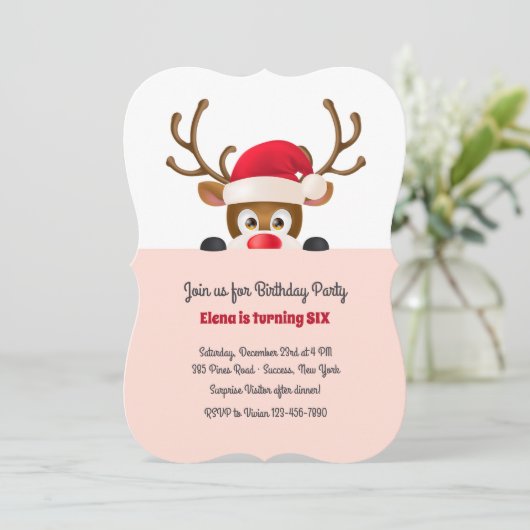 rendier in Santa Pet Roze uitnodiging (Staand voorkant)