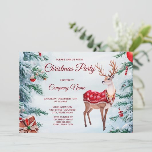 Rendier Kerst Vakantie Party uitnodiging (Staand voorkant)