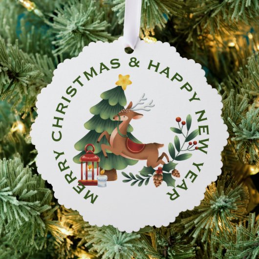 Rendier & Kerstboom op Wit, GEPERSONALISEERD Ornament Kaart (Insitu (Drie))