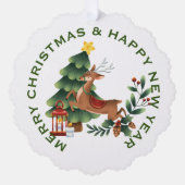 Rendier & Kerstboom op Wit, GEPERSONALISEERD Ornament Kaart (Voorkant)