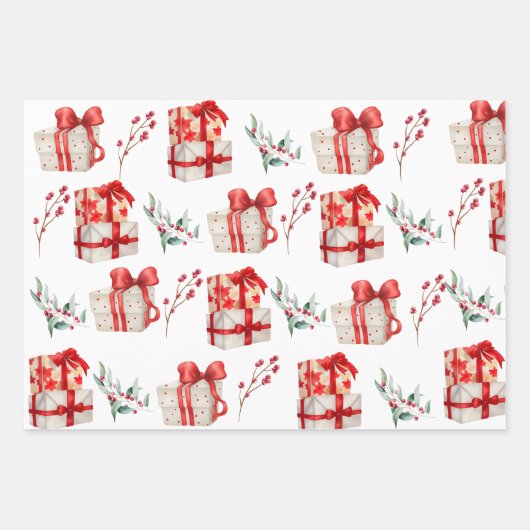 Rendier Kerstmis en rode poinsettia Inpakpapier Vel (Voorkant 3)