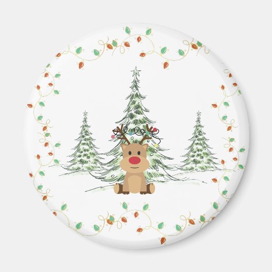 Rendier Kerstvakantie Lichten Winterbomen Magneet (Voorkant)