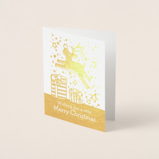 Rendier prancing over geschenken Kerstmis gouden k Folie Kaarten (Voorkant)