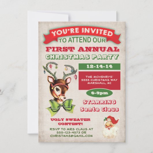 Rendier  Retro Kerstfeest Uitnodiging (Voorkant)