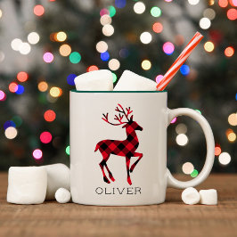 Rendier Rood Buffalo Plaid Persoonlijke Kerstmis Tweekleurige Koffiemok