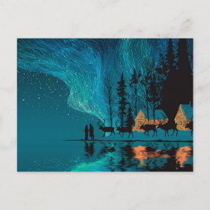 Rendieren, hut, noorderlicht bij een wintermeer feestdagenkaart