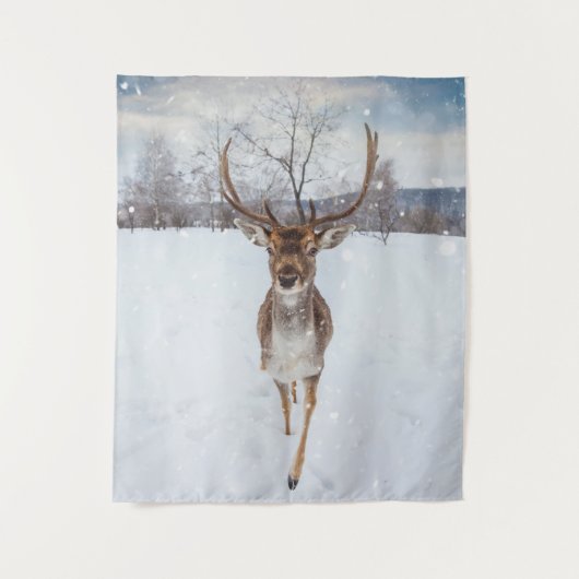 rendieren in de winter van het Storm sneeuw Wandkleed (Voorkant)