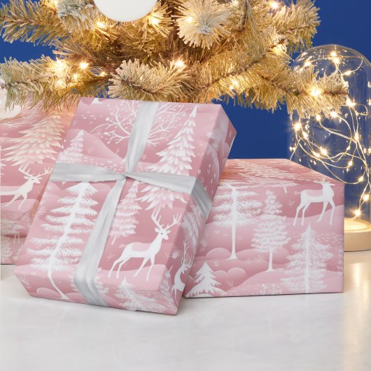Rendieren Kerstbomen Roze en Witte Kerst Cadeaupapier (Feestdagen)