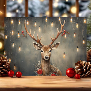 Renne rustique avec carte de Noël aux lumières d'E