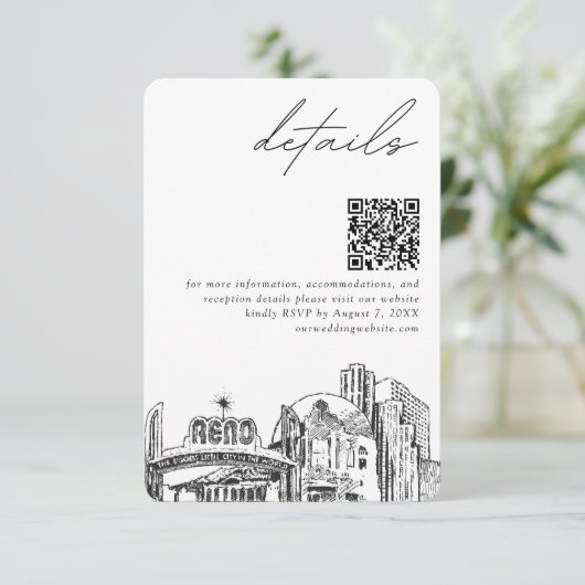 Reno bruiloft skyline kleine details QR-code RSVP Informatiekaartje (Staand voorkant)
