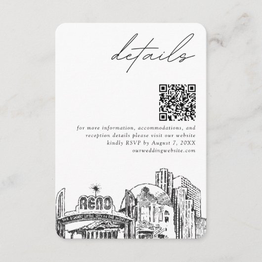 Reno bruiloft skyline kleine details QR-code RSVP Informatiekaartje (Voorkant)
