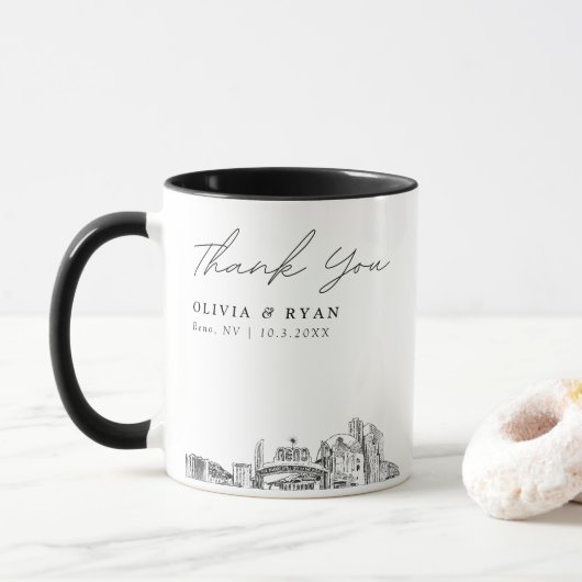 Reno Skyline Sketch Simple Mug de mariage personna (Avec donut)