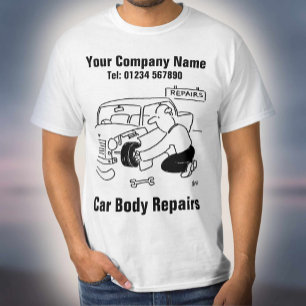 Reparaties van het carrosserie - met naam en conta t-shirt
