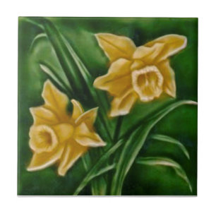 Repareer Faux Relief Daffodils op Donkergroen Tegeltje