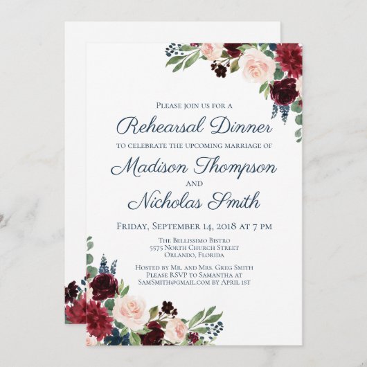Repas Floral de la Marine Marsala Invitations (Devant / Derrière)