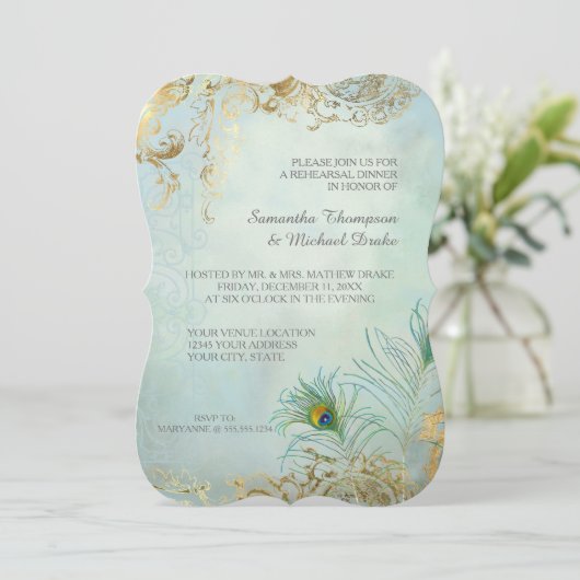 Repetitie Diner Goud Blad Peacock Veer Elegant Kaart (Staand voorkant)
