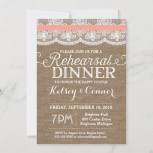 Repetitie Diner Uitnodiging, Burlap & Lace, Koraal Kaart