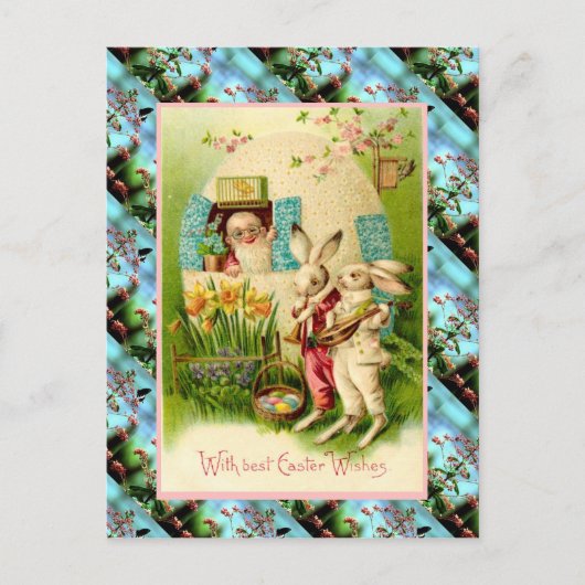 Réplique carte de Pâques Vintage, lapins avec oeuf (Devant)