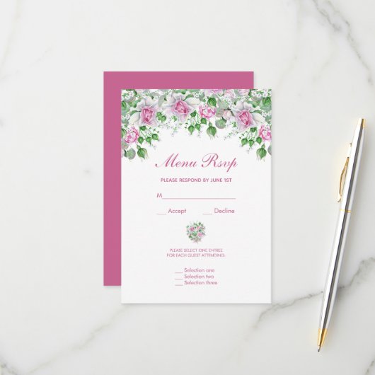Réponse au menu de mariage Roses Romantiques Roses (Devant/Arrière en situation)