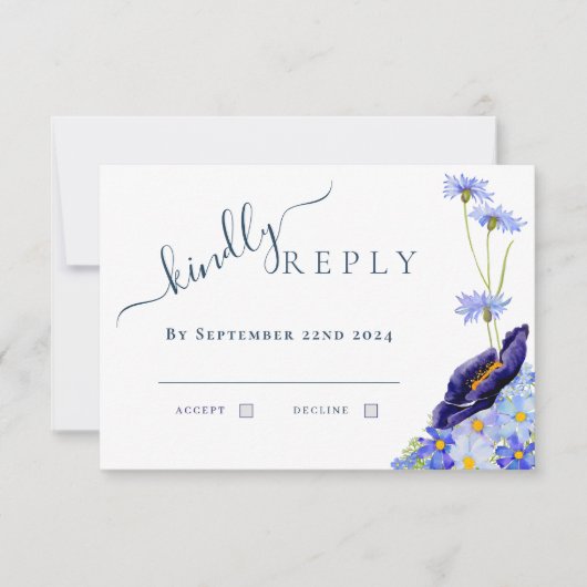 Réponse de mariage aquarelle florale moderne bleue (Devant)