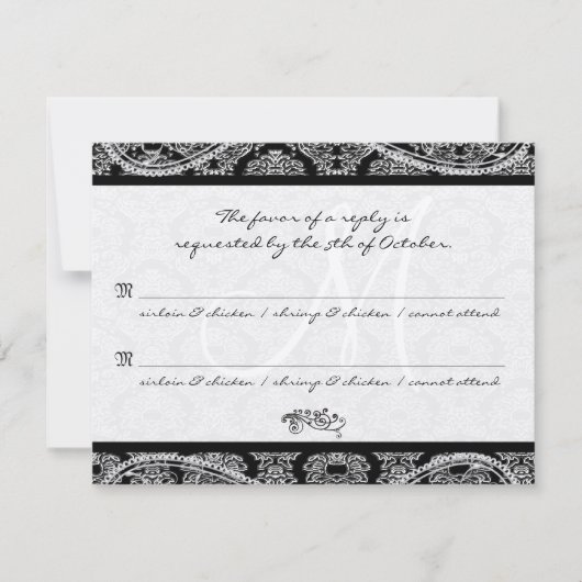 Réponse de mariage en damas noir monogrammé RSVP (Devant)