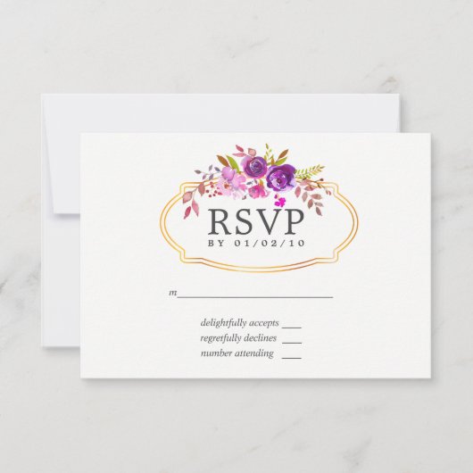 Réponse de mariage floral aquarelle violet et viol (Devant)