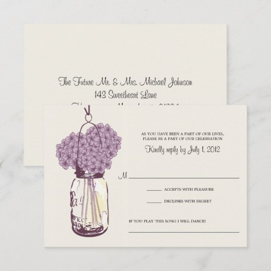 Réponse de mariage Hydrangea Violette & Pot Mason (Devant / Derrière)