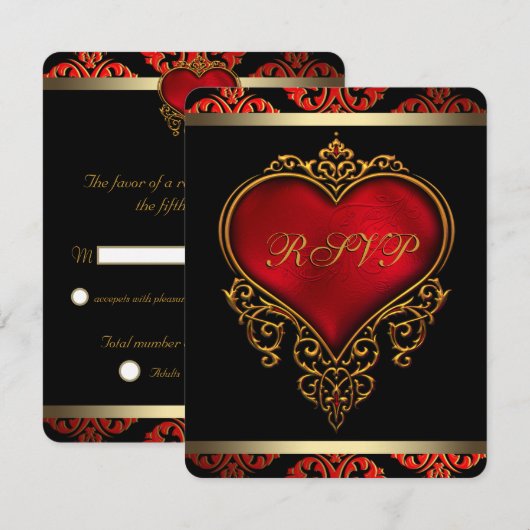 Réponse de mariage rouge, noir et or Invitation (Devant / Derrière)