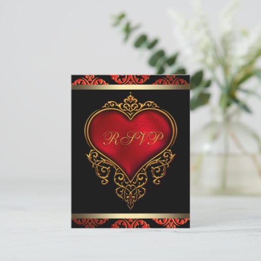 Réponse de mariage rouge, noir et or Invitation (Debout devant)