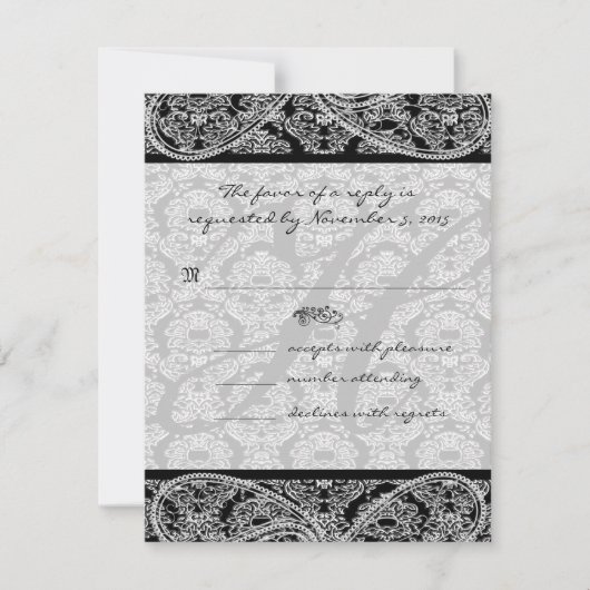 Réponse de Monogramme Black Mariage damassé RSVP (Devant)
