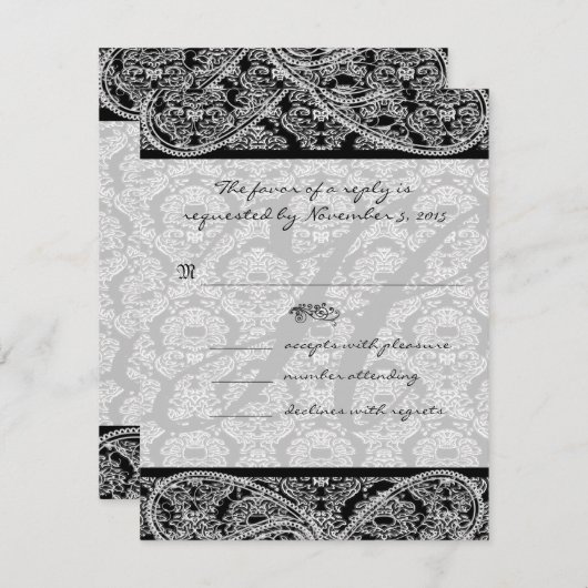 Réponse de Monogramme Black Mariage damassé RSVP (Devant / Derrière)