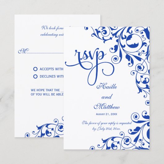 Réponse de style royal bleu avec volutes RSVP (Devant / Derrière)