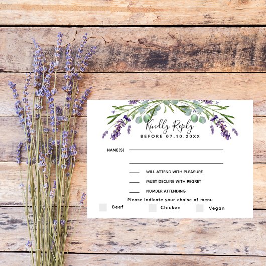 Réponse du mariage Lavender eucalyptus menu RSVP
