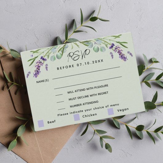 Réponse du menu mariage vert Lavender carte RSVP