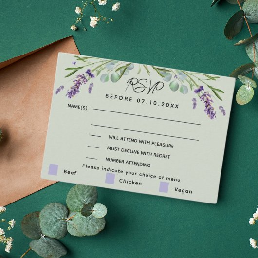 Réponse du menu mariage vert Lavender RSVP